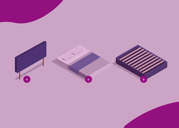 Illustratsioon kolmest eraldi voodiosast: voodipeats vasakul, madrats voodipesuga keskel ja liistudega voodip&otilde;hi paremal, iga&uuml;hel all &uuml;mmargune pluss-ikoon.