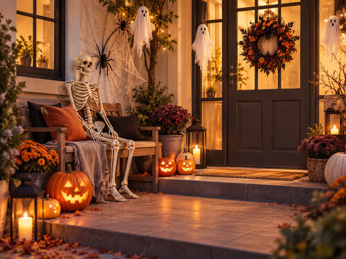 Halloweeniks kaunistatud veranda helendavate k&otilde;rvitsate, pingil istuva luukere, rippuvate kummituste, &auml;mblikuv&otilde;rkude ja soojade pidulike tuledega.