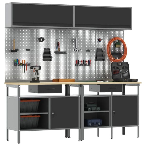 vidaXL T&ouml;&ouml;lauakomplekt sahtliga riiuliga lukuga 8 pcs Must Teras