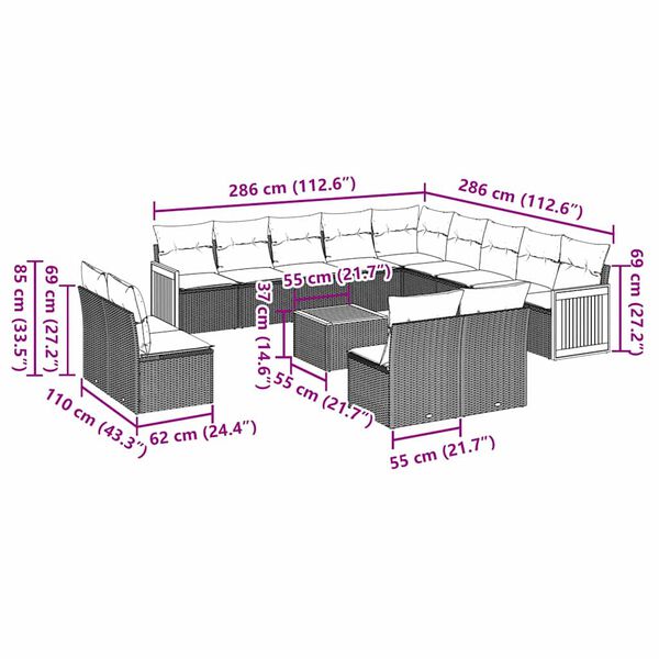 vidaXL 14-osaline aiadiivani komplekt patjadega, must, polürotang