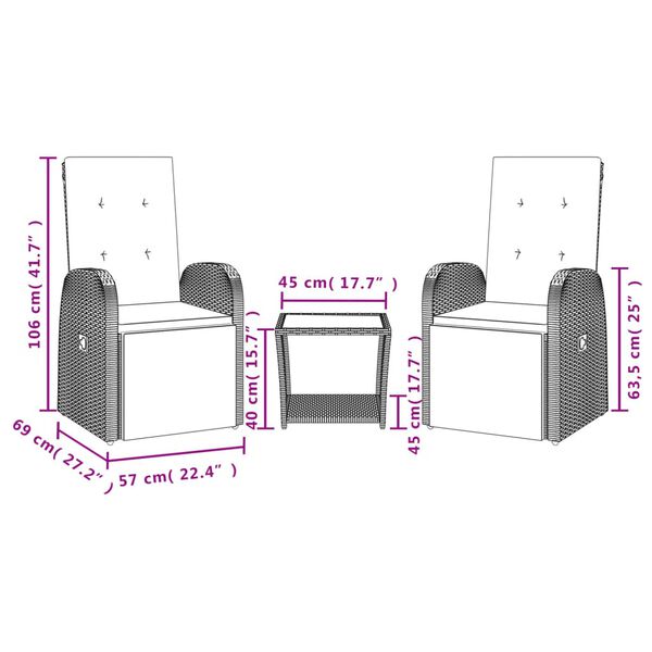 vidaXL 3-osaline aiam&ouml;&ouml;bli komplekt patjadega, hall, pol&uuml;rotang