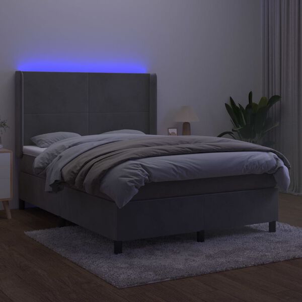 vidaXL kontinentaalvoodi madrats ja LED, helehall, 140x190 cm, samet