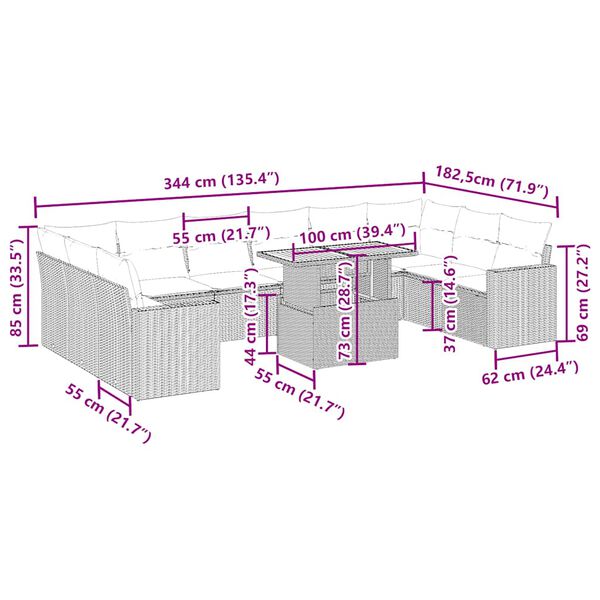 vidaXL 11-osaline aiadiivani komplekt patjadega, beež, pol&uuml;rotang