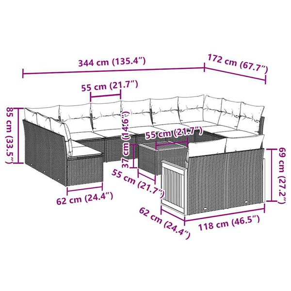 vidaXL 13-osaline aiadiivani komplekt patjadega, must, pol&uuml;rotang