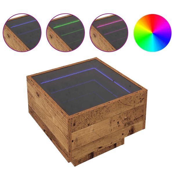 vidaXL Kohvilaud LED -ribatuledega Vana puit 40 x 40 x 30 cm Tehispuit