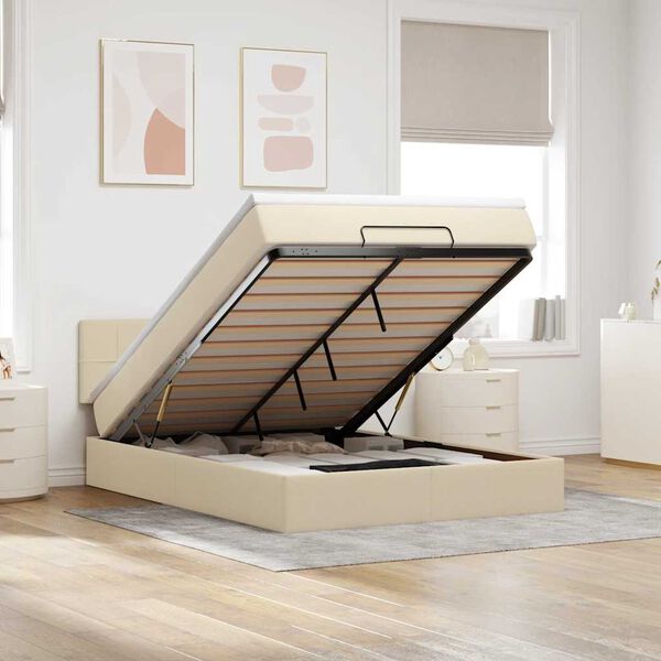 vidaXL ottomani voodi madratsita ja LED, kreemjas, 140x190 cm, kangas