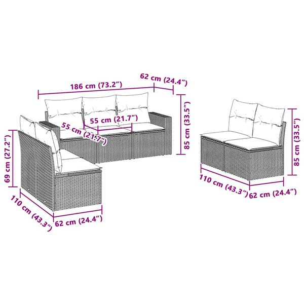 vidaXL 7-osaline aiam&ouml;&ouml;blikomplekt patjadega, helehall, pol&uuml;rotang