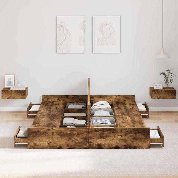 vidaXL Voodi hoiukohaga raam Suitsetatud tamm 135 x 190 cm Tehispuit