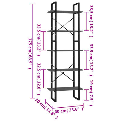 vidaXL 5-korruseline raamaturiiul, hall, 60x30x175 cm, tehispuit