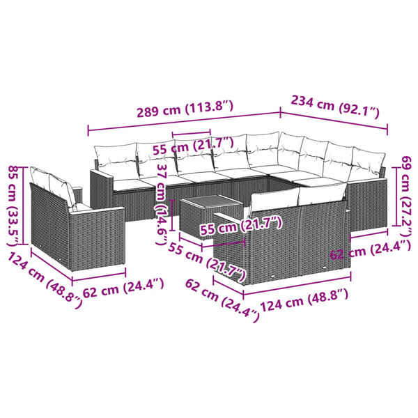 vidaXL 13-osaline aiadiivani komplekt patjadega, must, polürotang