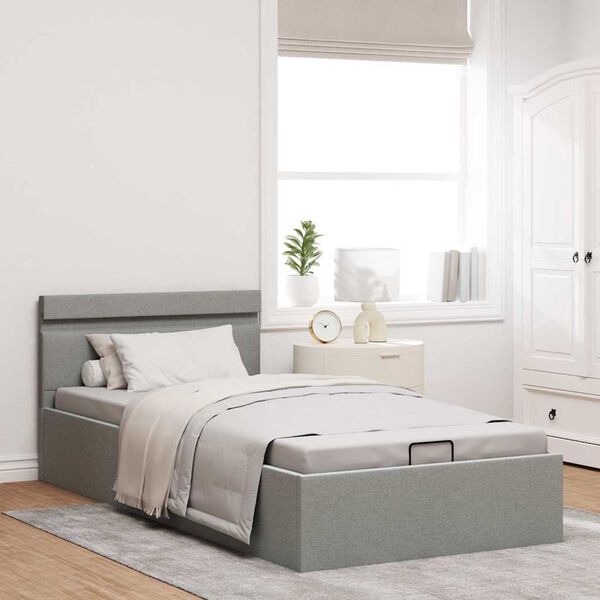 vidaXL hoiukastiga voodiraam LED, helehall, kangas, 100 x 200 cm