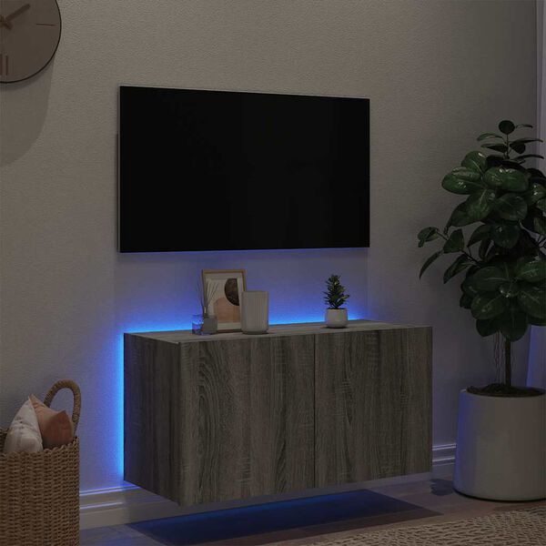 vidaXL teleri seinakapp LED-tuledega, hall Sonoma, 80x35x41 cm
