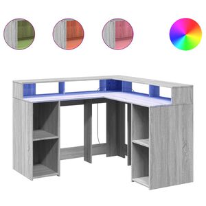 vidaXL kirjutuslaud LED-tuledega, hall Sonoma tamm, 130x130x91 cm