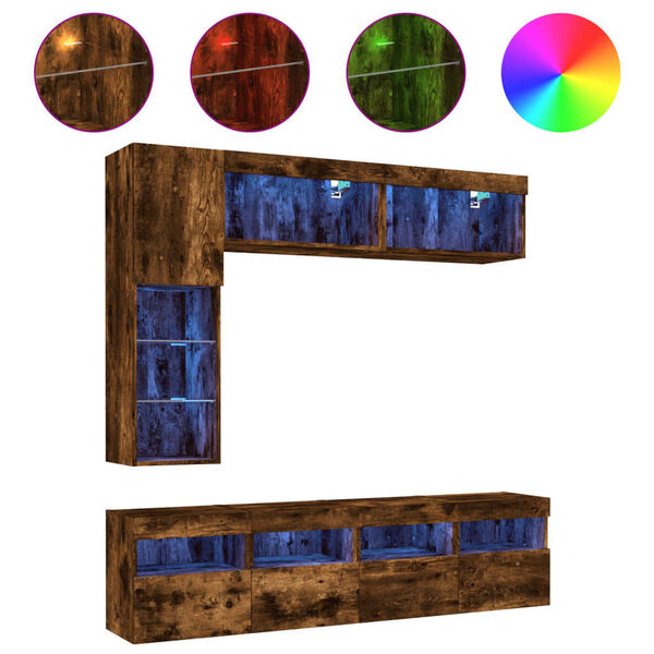 vidaXL 7-osaline teleri seinakappide komplekt LED-tuledega, suitsutamm