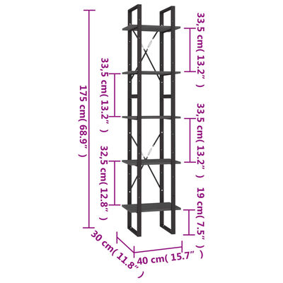 vidaXL 5-korruseline raamaturiiul, hall, 40 x 30 x 175 cm, männipuit