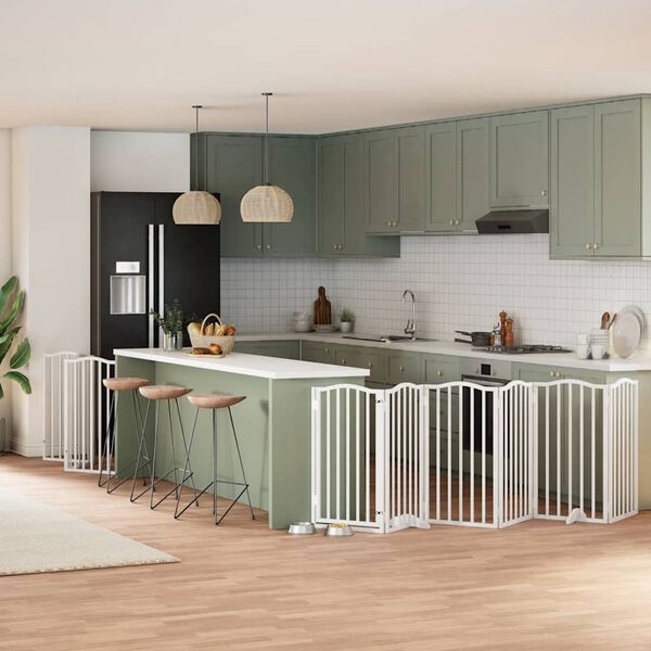 vidaXL kokkupandav koerav&auml;rav uksega, 9 paneeli, valge 450 cm, pappel