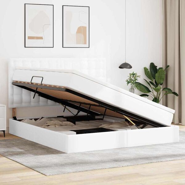 vidaXL LED-valgusega hoiuvoodi PUHAS VALGE 160 x 200 cm Kunstnahk