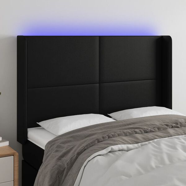 vidaXL LED-voodipeats, must, 147x16x118/128 cm, kunstnahk