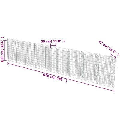 vidaXL kattega gabioonsein, tsingitud teras, 630 x 30 x 100 cm