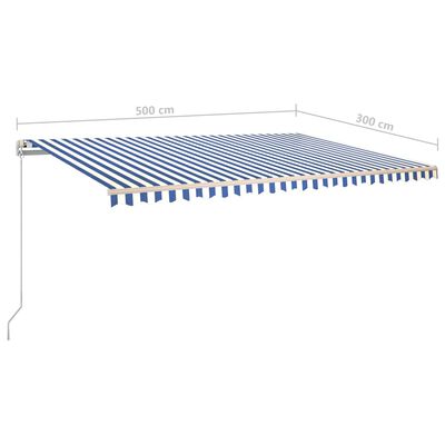 vidaXL käsitsi sissetõmmatav varikatus postidega, 5x3 m, sinine/valge