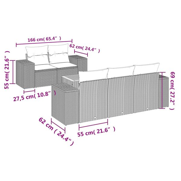 vidaXL 6-osaline aiadiivani komplekt patjadega, hall, polürotang