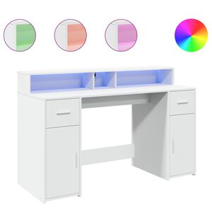 vidaXL kirjutuslaud LED-tuledega, valge, 140x55x91 cm, tehispuit