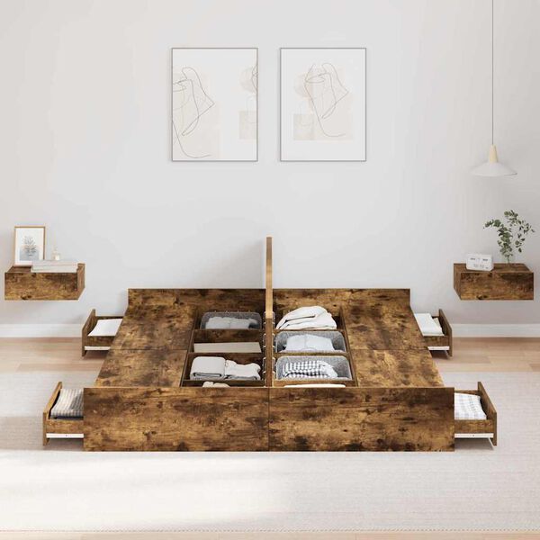 vidaXL Voodi hoiukohaga raam Suitsetatud tamm 140 x 190 cm Tehispuit