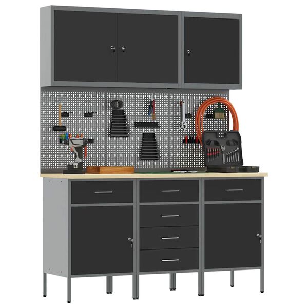 vidaXL T&ouml;&ouml;kapp sahtliga lukuga 8 pcs Must T&ouml;&ouml;deldud puit ja teras