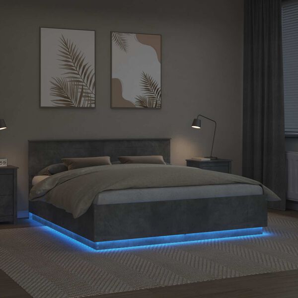 vidaXL Voodi raam LED-ribadega peaga Betoonhall 200 x 200 cm Tehispuit