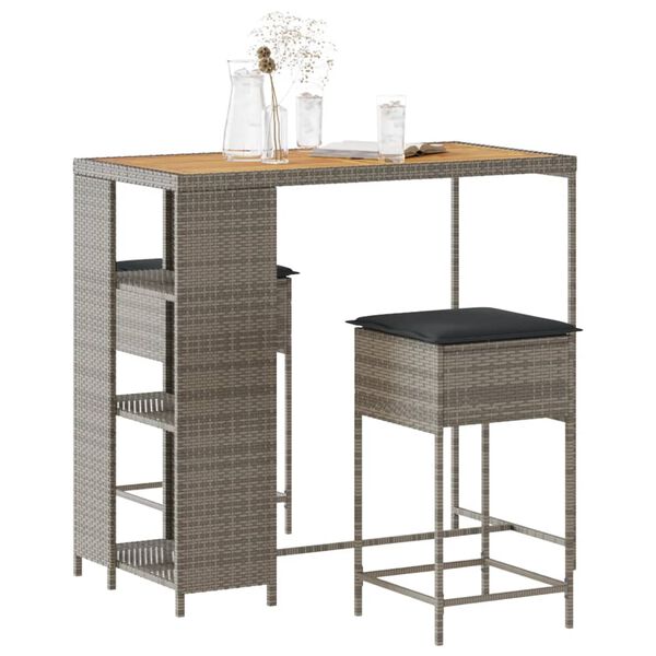 vidaXL 3-osaline aia baarikomplekt patjadega, pol&uuml;rotang, hall