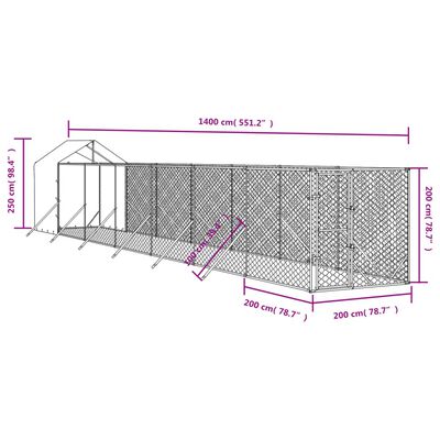 vidaXL katusega koeraaedik, hõbedane, 2x14x2,5 m, tsingitud teras
