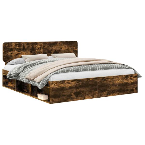 vidaXL Voodi raam peaga Suitsetatud tamm 200 x 200 cm Tahke m&auml;nd