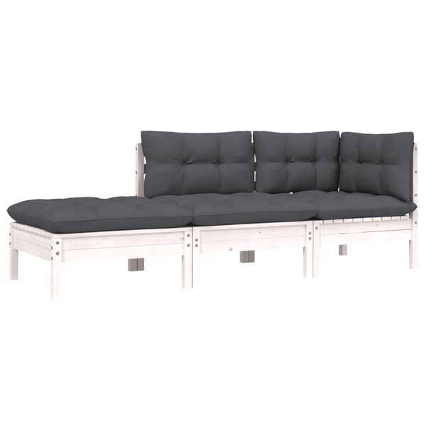 vidaXL 3-osaline aiamööblikomplekt patjadega, valge, toekas männipuit