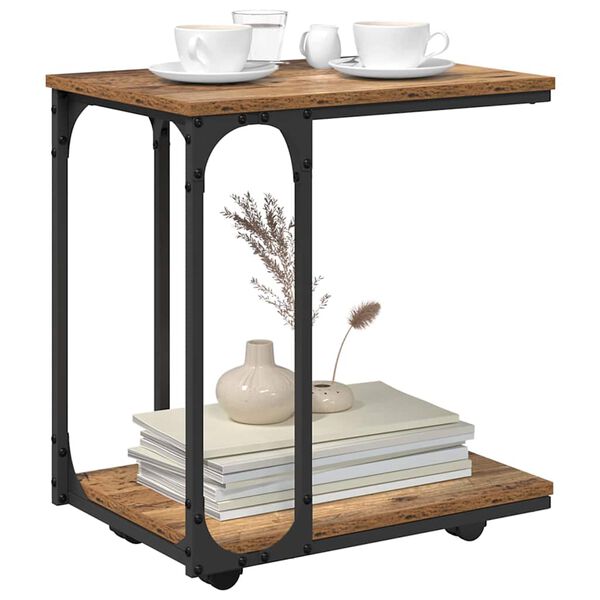 vidaXL K&uuml;lglaud riiuliga rattaga Vana puit 50 x 35 x 55.5 cm Tehispuit