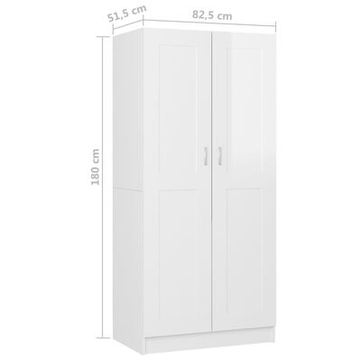 vidaXL garderoob, kõrgläikega valge, 82,5x51,5x180 cm, puitlaastplaat