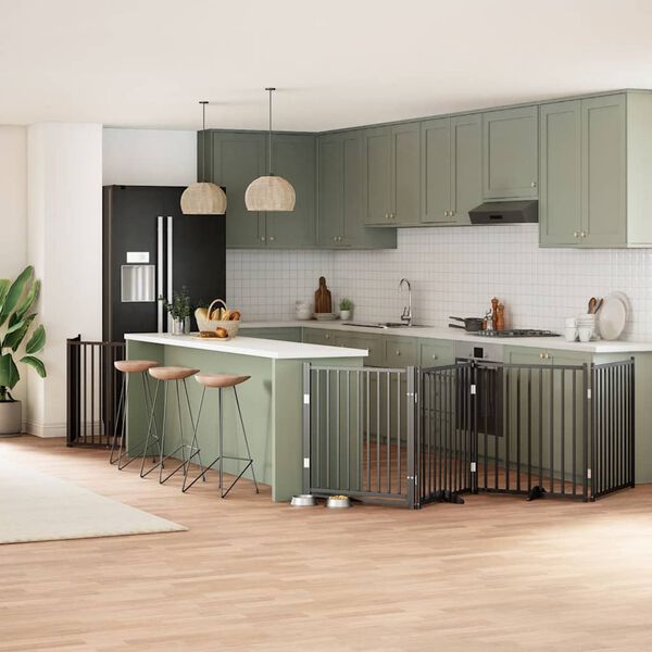 vidaXL kokkupandav koeravärav uksega, 8 paneeli, must 640 cm, pappel