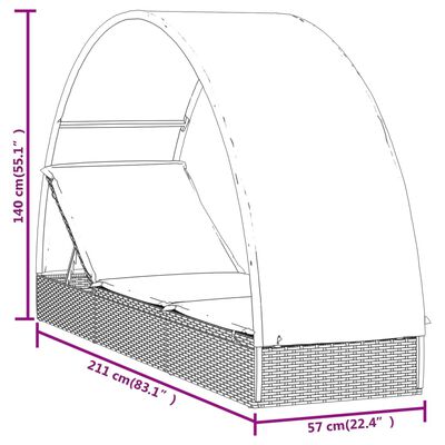 vidaXL päevitusvoodi ümara katusega, hall, 211x57x140 cm, polürotang