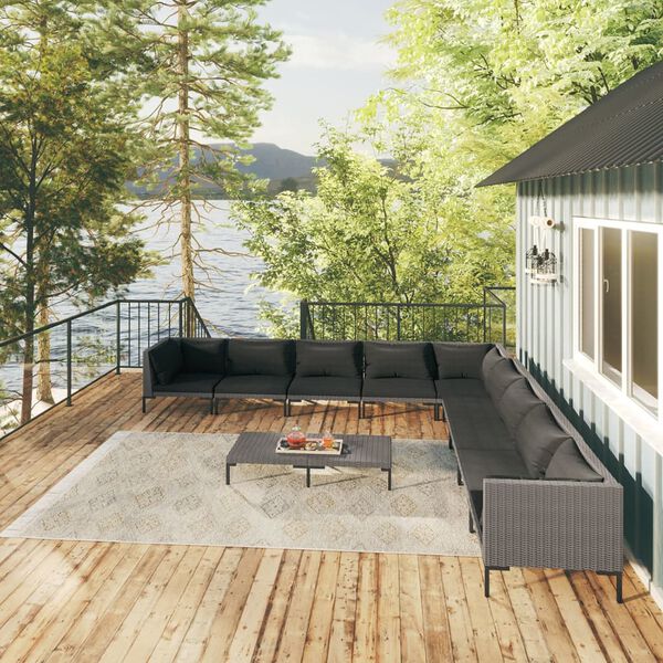 vidaXL 10-osaline aiamööblikomplekt patjadega, polürotang, tumehall