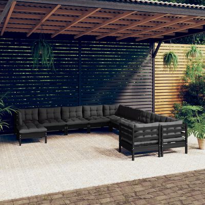 vidaXL 11-osaline aiamööbli komplekt istmepatjadega, must, männipuit