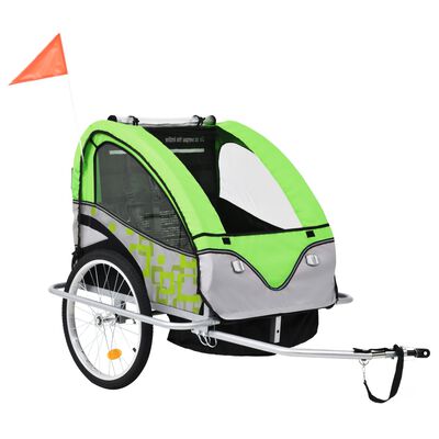 vidaXL kaks ühes laste ratta järelkäru ja jalutuskäru, roheline ja hall