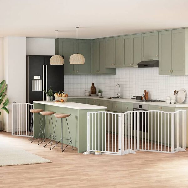 vidaXL kokkupandav koerav&auml;rav uksega, 6 paneeli, valge 480 cm, pappel