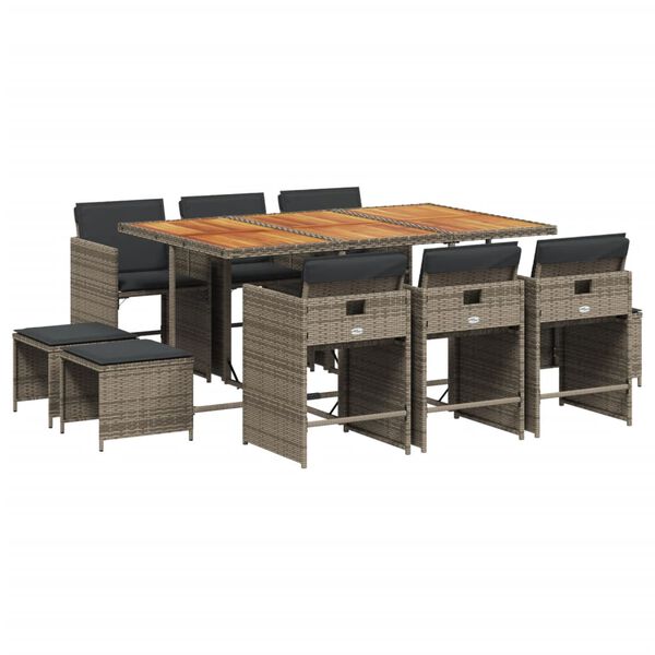 vidaXL 11-osaline aia s&ouml;&ouml;gim&ouml;&ouml;bli komplekt patjadega, hall, pol&uuml;rotang