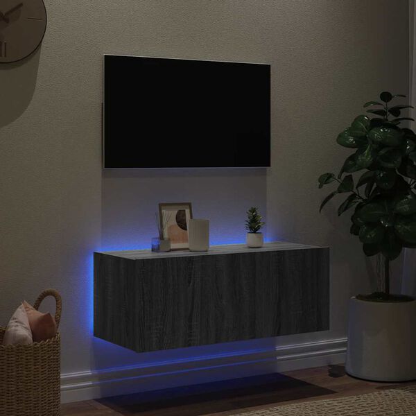 vidaXL teleri seinakapp LED-tuledega, hall Sonoma, 80x35x31 cm