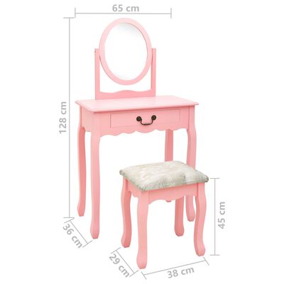 vidaXL tualettlaud taburetiga, roosa 65x36x128 cm, Paulownia puit, MDF