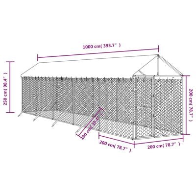 vidaXL katusega koeraaedik, hõbedane, 2x10x2,5 m, tsingitud teras