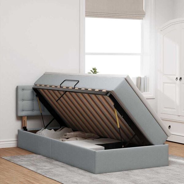 vidaXL LED-valgusega hoiuvoodi madratsiga Helehall 90 x 190 cm kangas