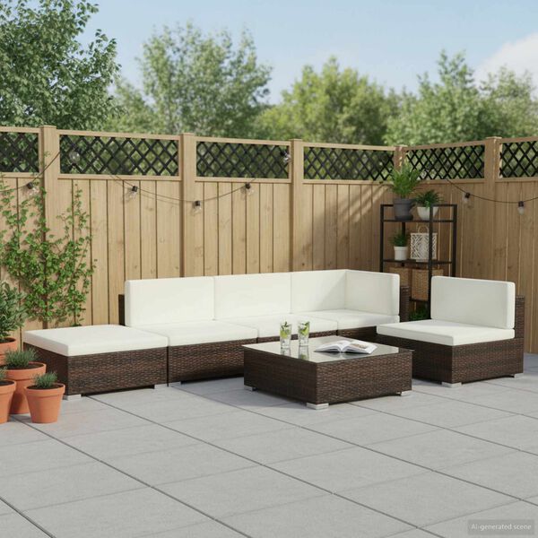 vidaXL 6-osaline aiam&ouml;&ouml;blikomplekt patjadega, pol&uuml;rotang, pruun