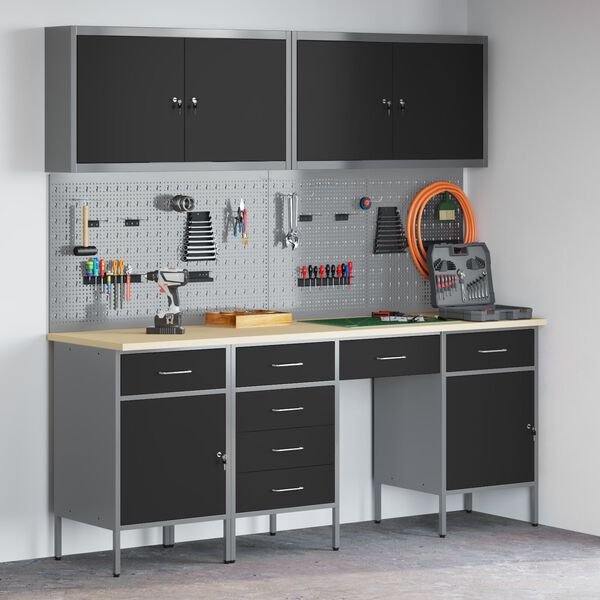 vidaXL Töölaud sahtliga lukuga 10 pcs Must 200 x 55 x 200 cm Teras