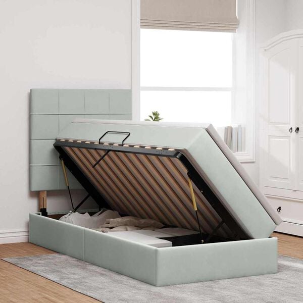 vidaXL Voodi hoiukohaga ja madratsiga peaga Helehall 90 x 190 cm Samet