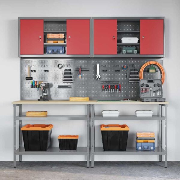 vidaXL T&ouml;&ouml;lauakomplekt riiuliga 8 pcs Punane 200 x 55 x 200 cm Teras